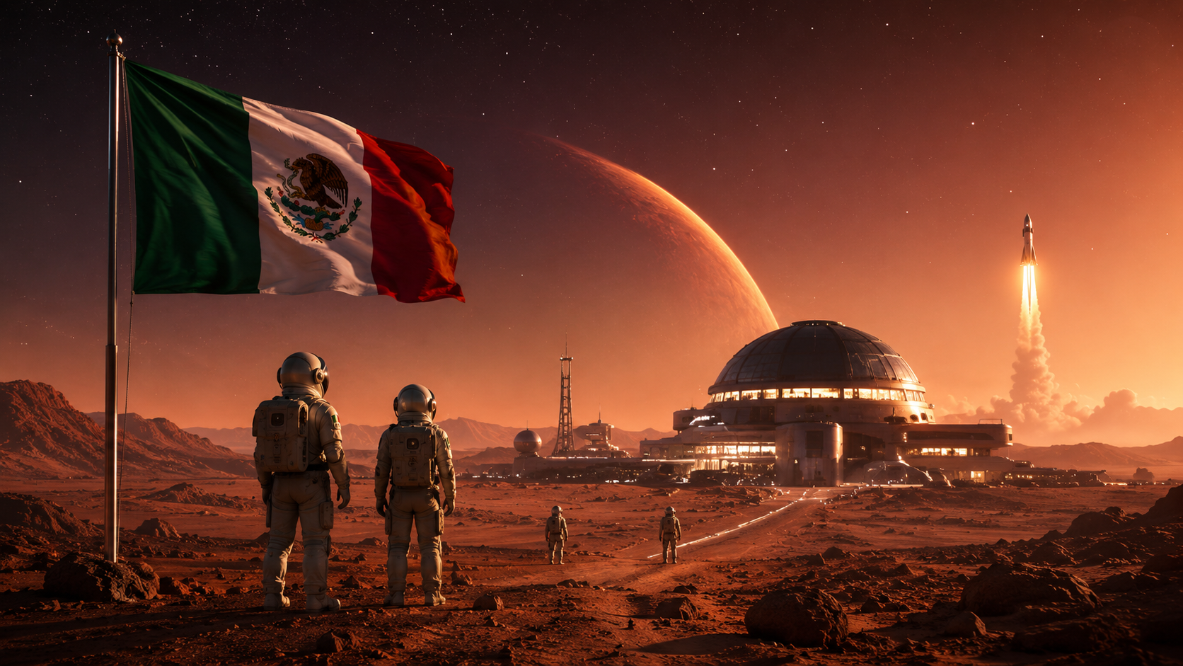 Astronauta con la bandera mexicana en la Luna